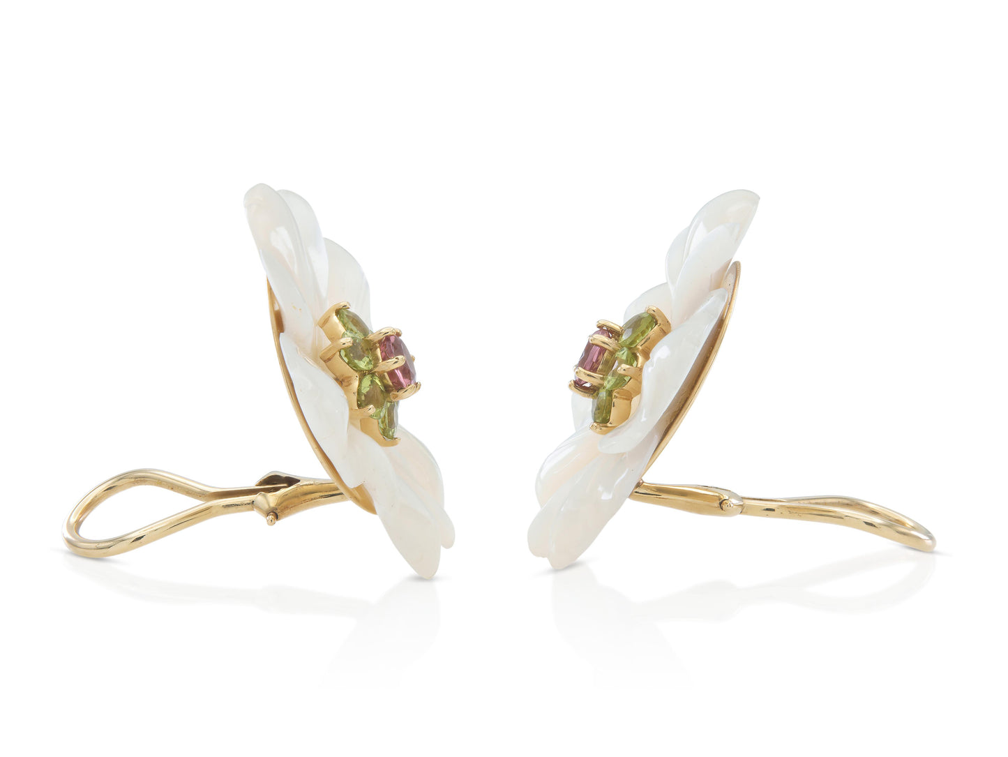 Vintage 1950s Mother of Pearl Flower Earrings with Pink Tourmaline & Peridots