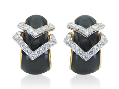 Vintage 1980s David Webb Black Enamel and Diamond Earrings