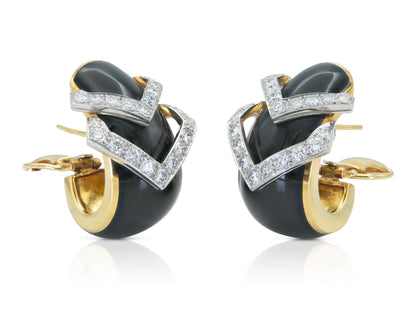 Vintage 1980s David Webb Black Enamel and Diamond Earrings