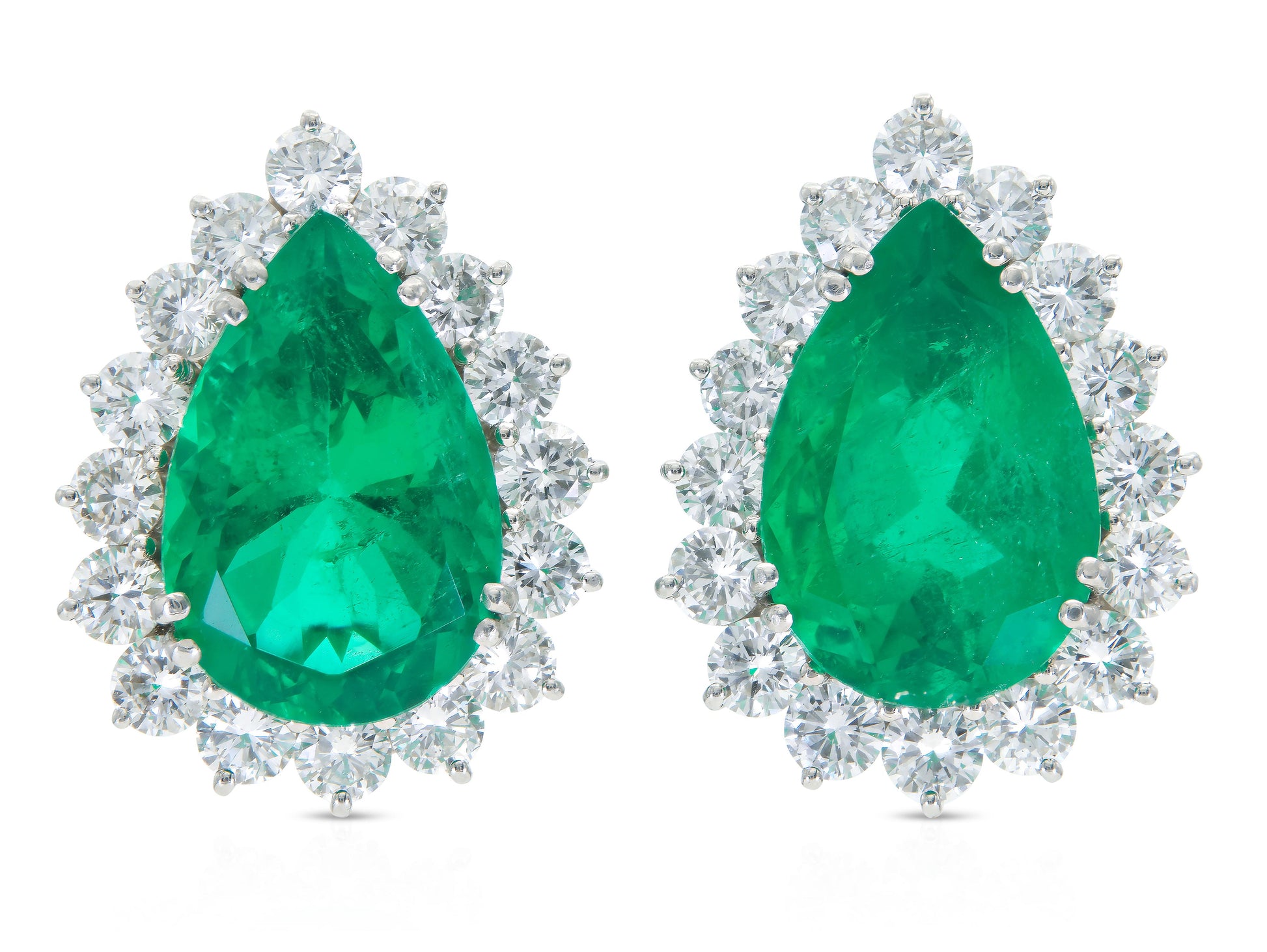 Vintage 1950s 16.00 Carat Pear-Shaped Colombian Emerald Earrings with Diamonds