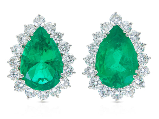 Vintage 1950s 16.00 Carat Pear-Shaped Colombian Emerald Earrings with Diamonds