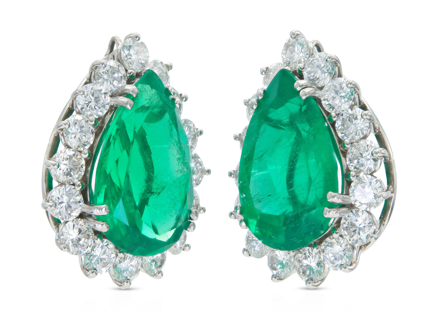 Vintage 1950s 16.00 Carat Pear-Shaped Colombian Emerald Earrings with Diamonds