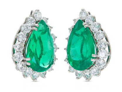 Vintage 1950s 16.00 Carat Pear-Shaped Colombian Emerald Earrings with Diamonds
