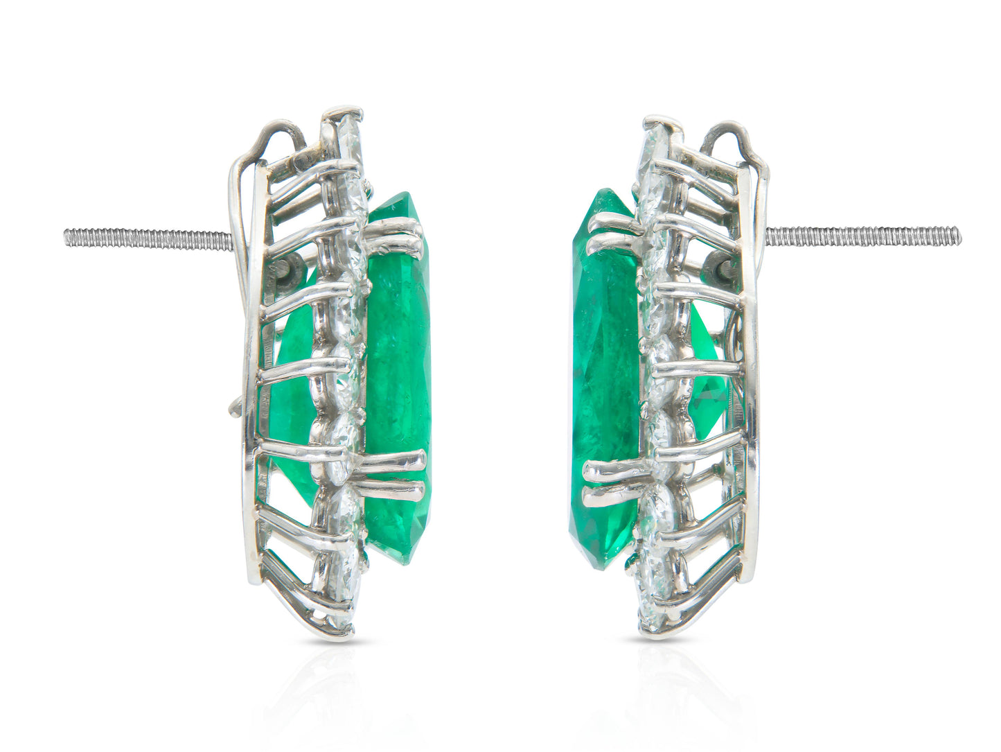Vintage 1950s 16.00 Carat Pear-Shaped Colombian Emerald Earrings with Diamonds