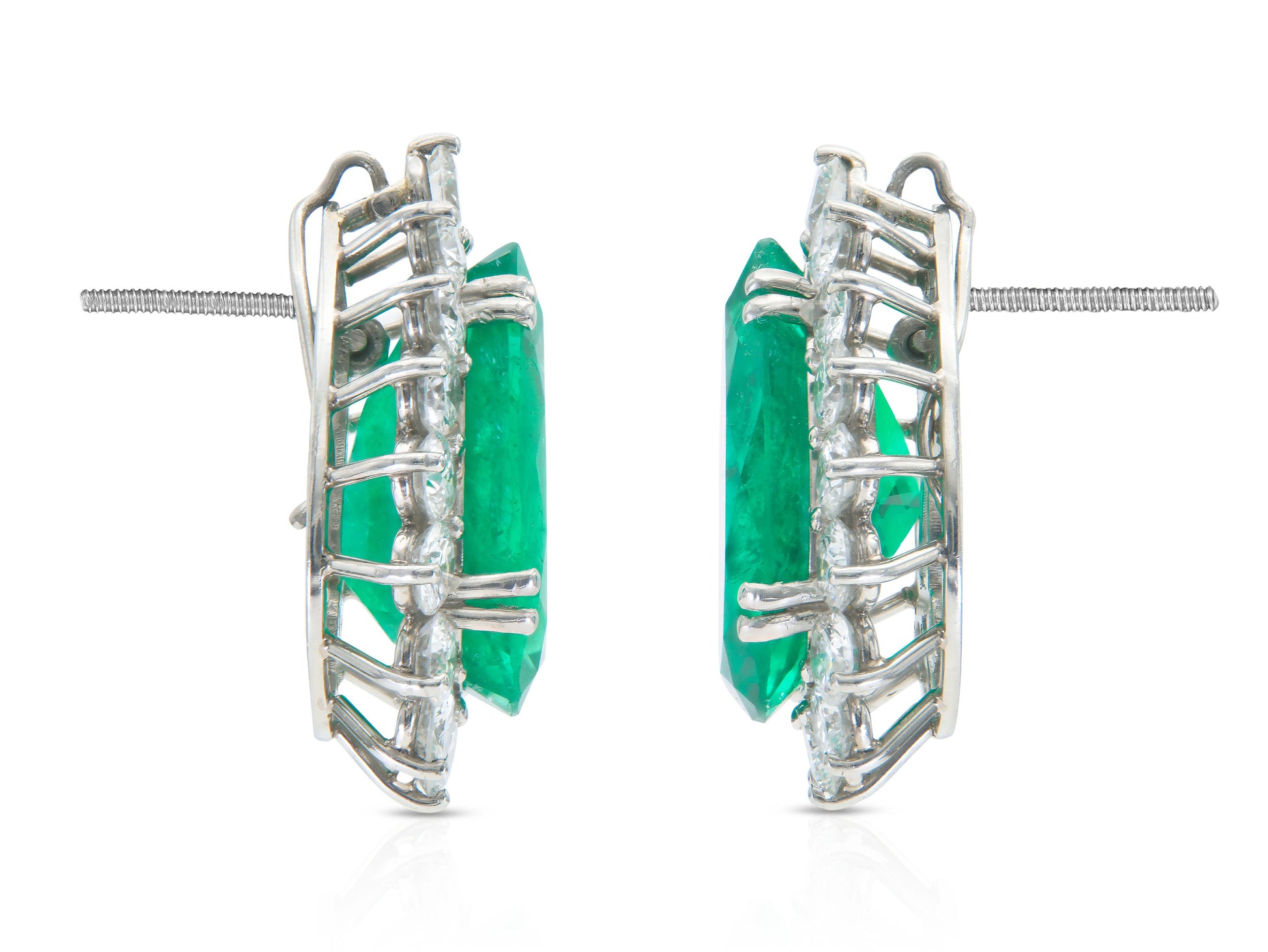 Vintage 1950s 16.00 Carat Pear-Shaped Colombian Emerald Earrings with Diamonds