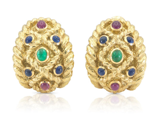 Vintage 1970s David Webb Gold and Multi-Gemstone Earrings