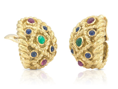 Vintage 1970s David Webb Gold and Multi-Gemstone Earrings