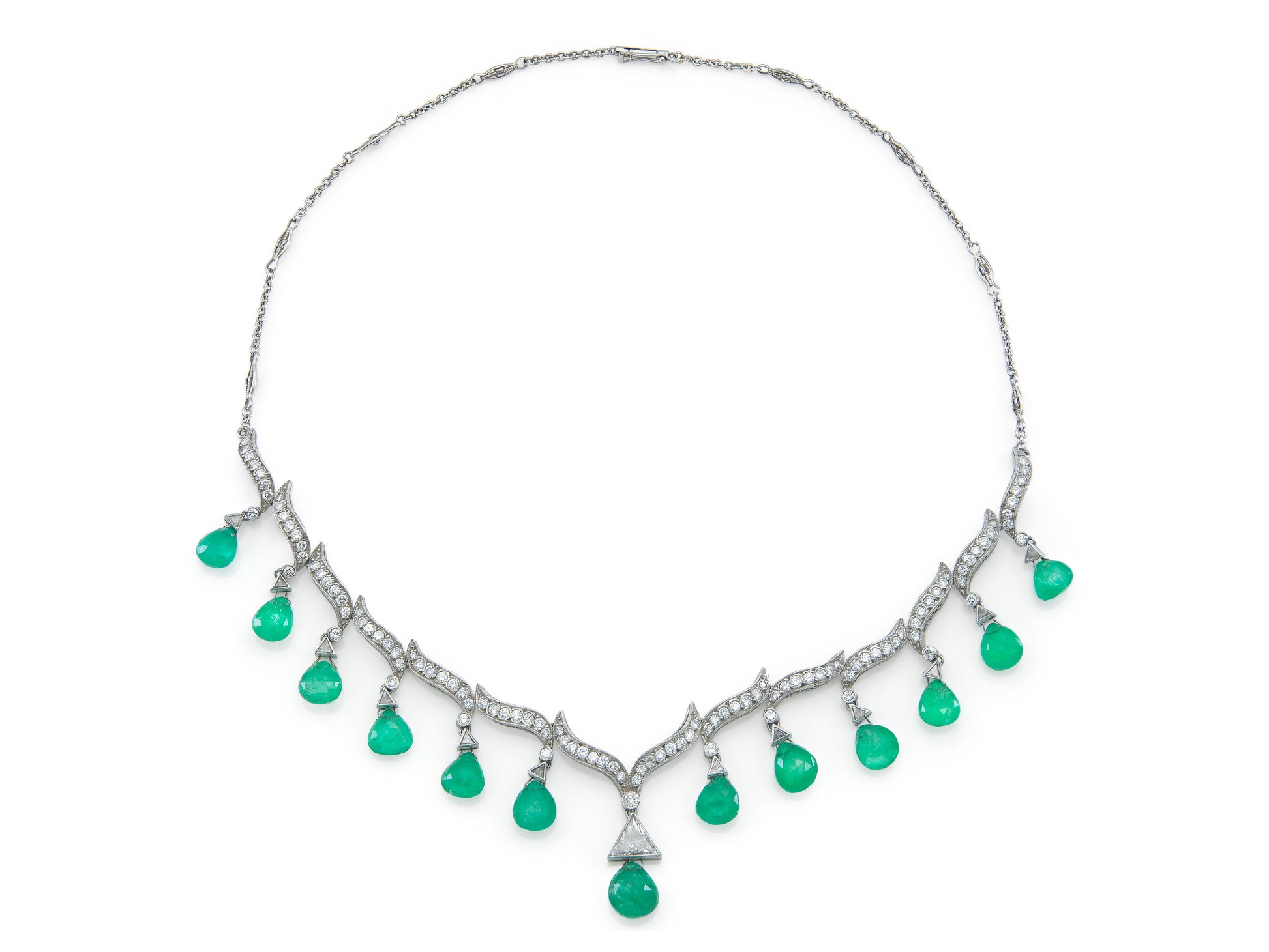 35.00 Carat Emerald Briolette Drops Necklace with Diamonds