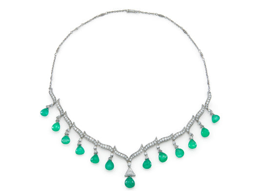35.00 Carat Emerald Briolette Drops Necklace with Diamonds