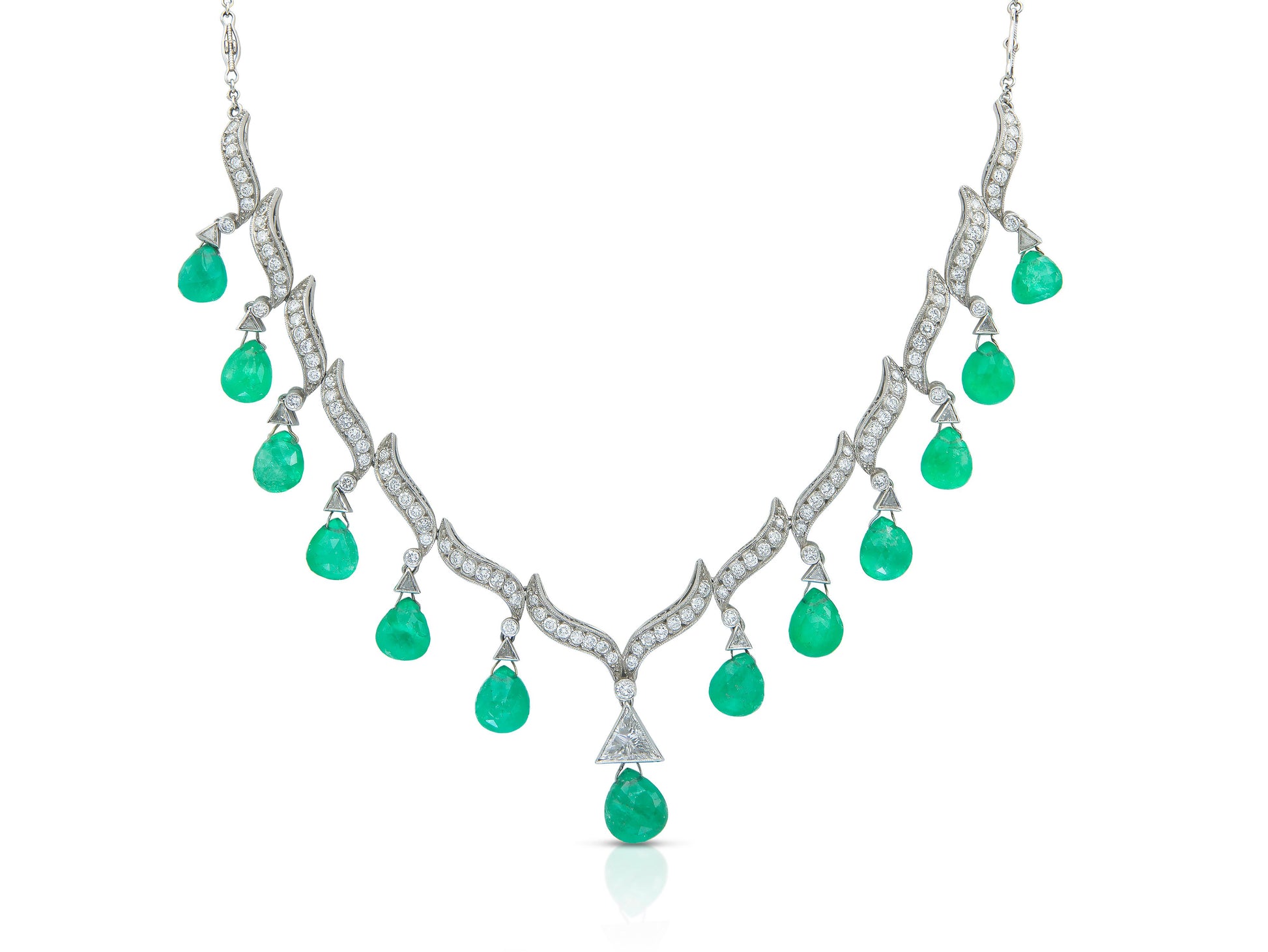 35.00 Carat Emerald Briolette Drops Necklace with Diamonds