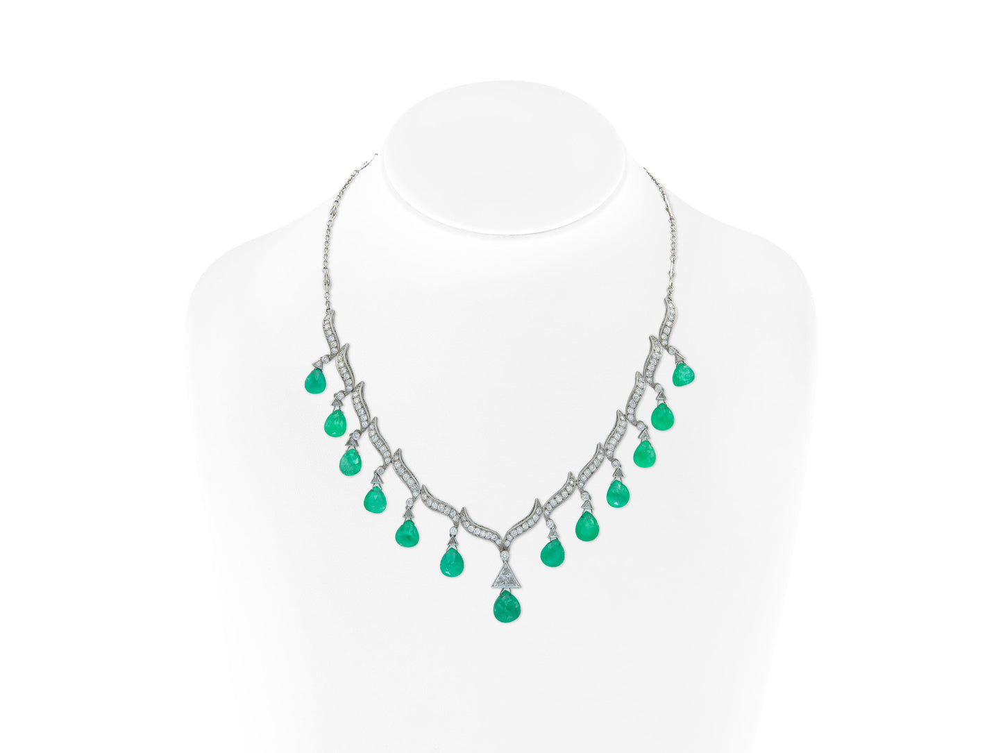 35.00 Carat Emerald Briolette Drops Necklace with Diamonds