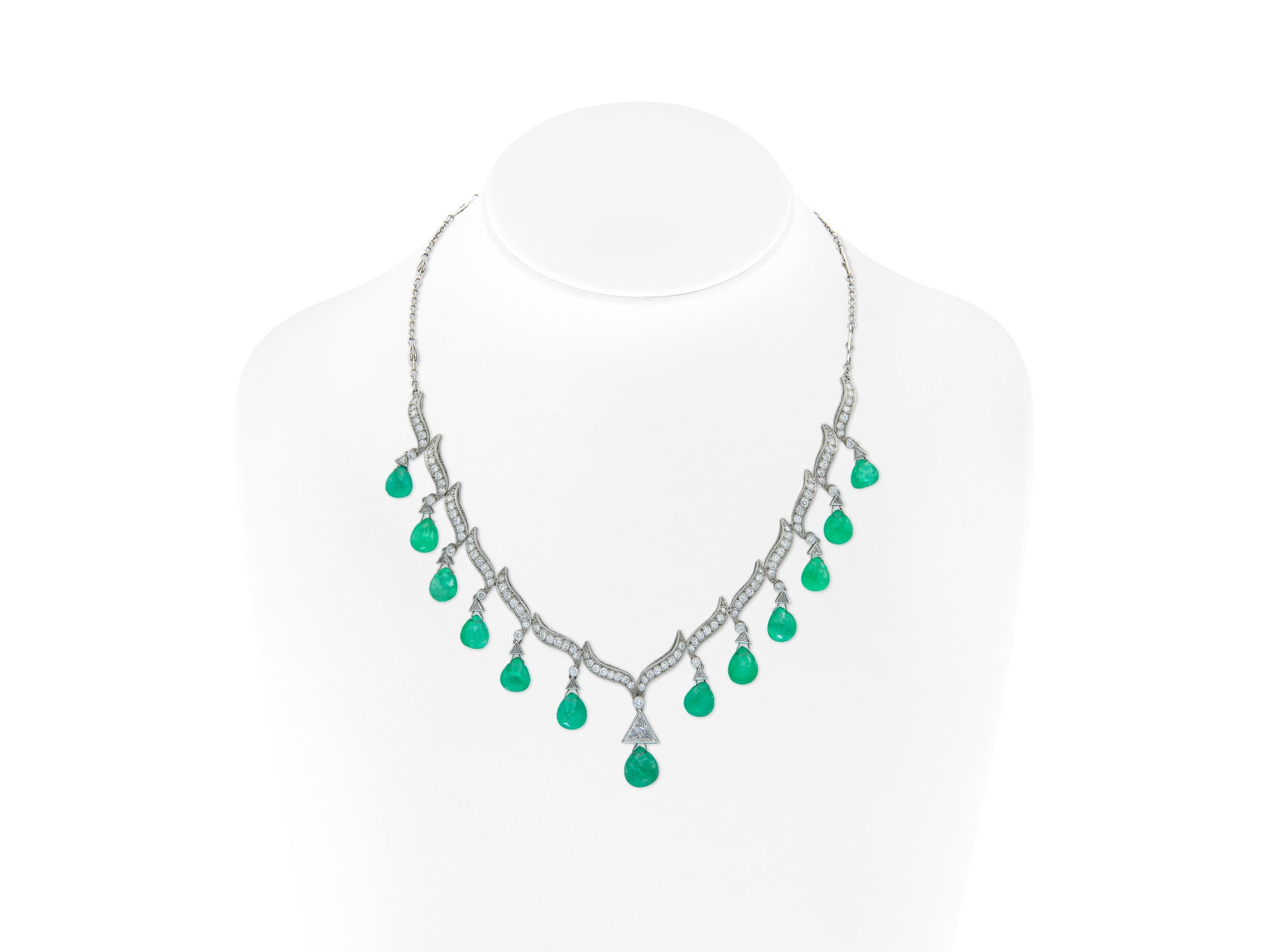 35.00 Carat Emerald Briolette Drops Necklace with Diamonds