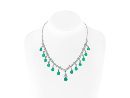 35.00 Carat Emerald Briolette Drops Necklace with Diamonds