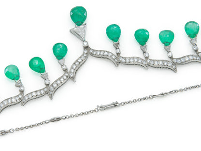 35.00 Carat Emerald Briolette Drops Necklace with Diamonds