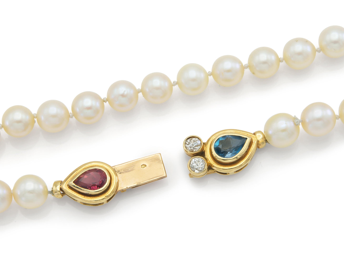 Vintage 1960s Pearl Necklace with Tourmaline, Aquamarine, and Diamonds