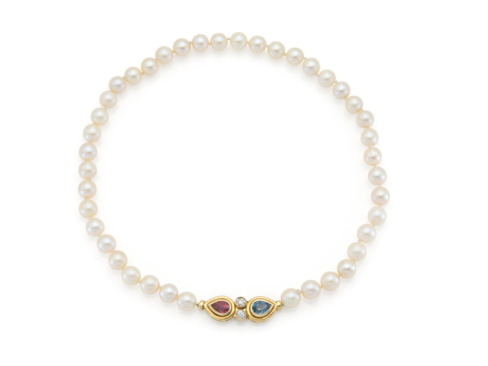 Vintage 1960s Pearl Necklace with Tourmaline, Aquamarine, and Diamonds