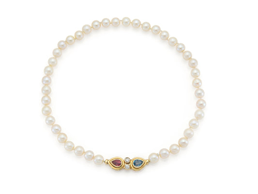 Vintage 1960s Pearl Necklace with Tourmaline, Aquamarine, and Diamonds