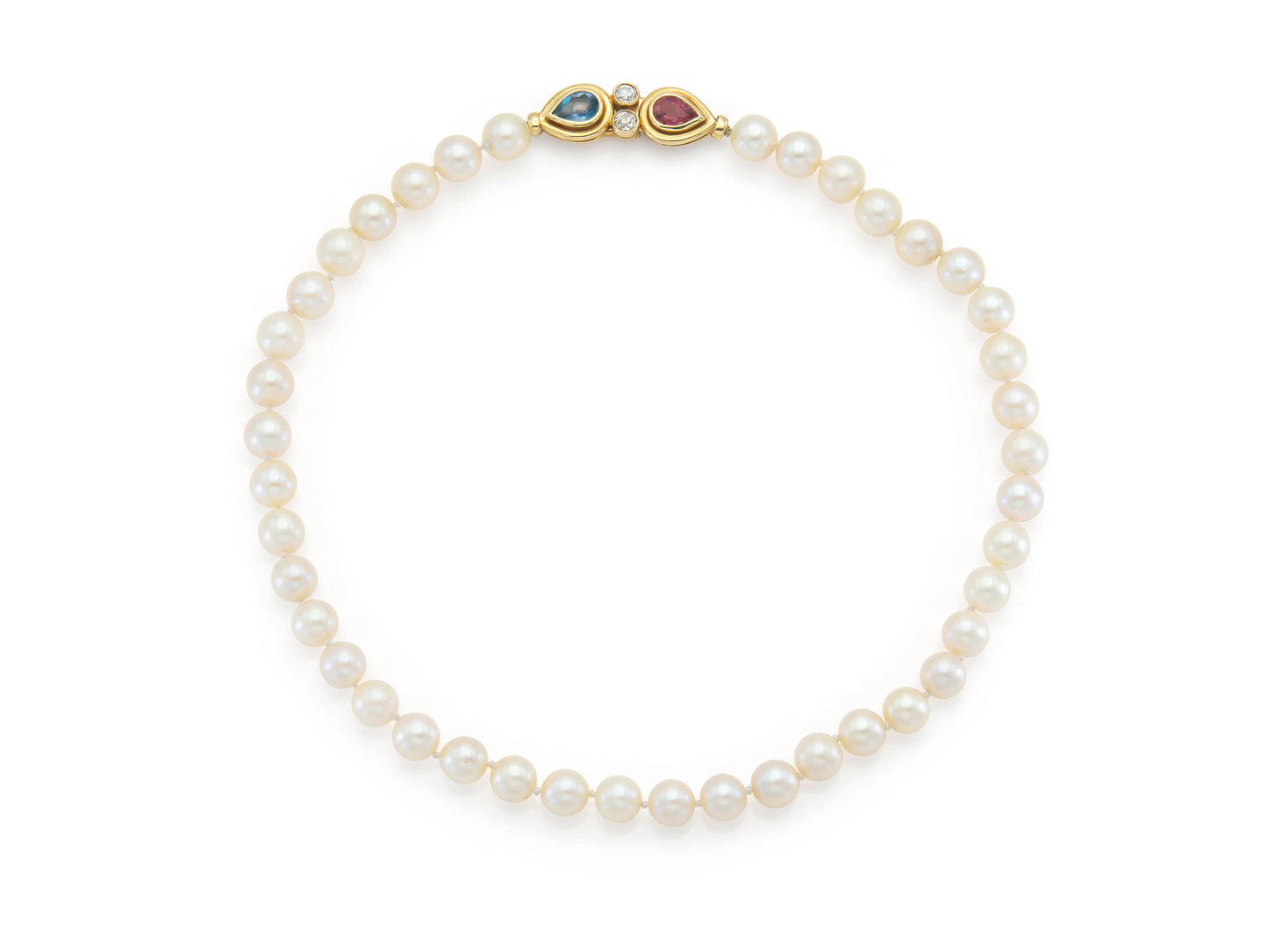 Vintage 1960s Pearl Necklace with Tourmaline, Aquamarine, and Diamonds