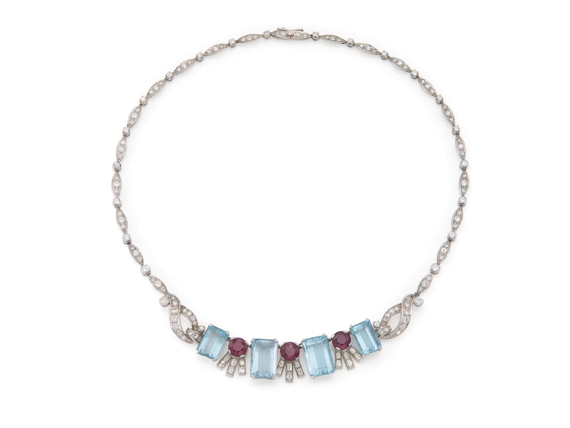 Vintage 1940s Retro Aquamarine, Ruby & Diamond Necklace