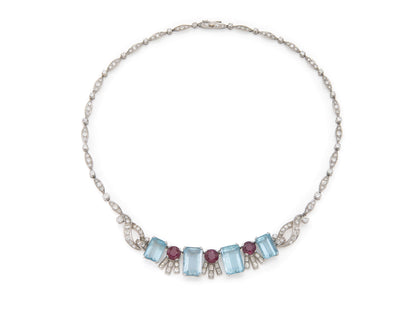 Vintage 1940s Retro Aquamarine, Ruby & Diamond Necklace