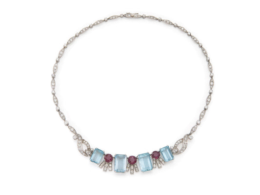 Vintage 1940s Retro Aquamarine, Ruby & Diamond Necklace