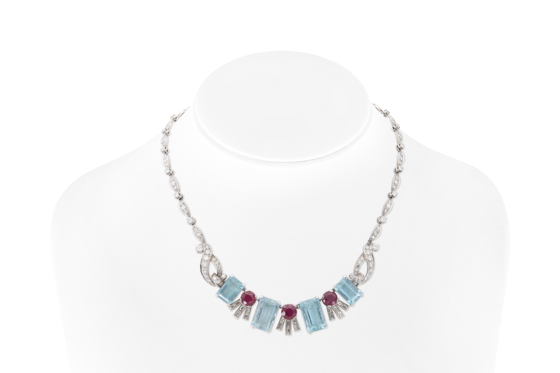 Vintage 1940s Retro Aquamarine, Ruby & Diamond Necklace