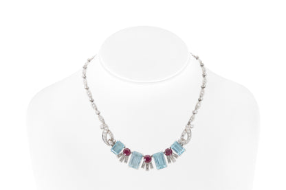 Vintage 1940s Retro Aquamarine, Ruby & Diamond Necklace