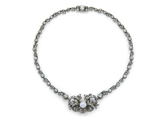 Antique Victorian 15.00 Carat Diamond Bow Necklace with a Pearl