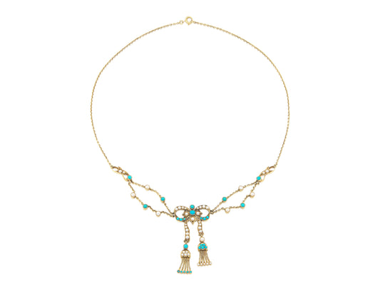 Antique Victorian Pearl & Turquoise Bow Necklace