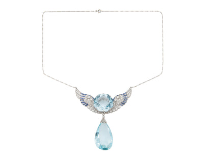 Antique Edwardian 1910s 140.00 Carat Aquamarine Wings Pendant Necklace