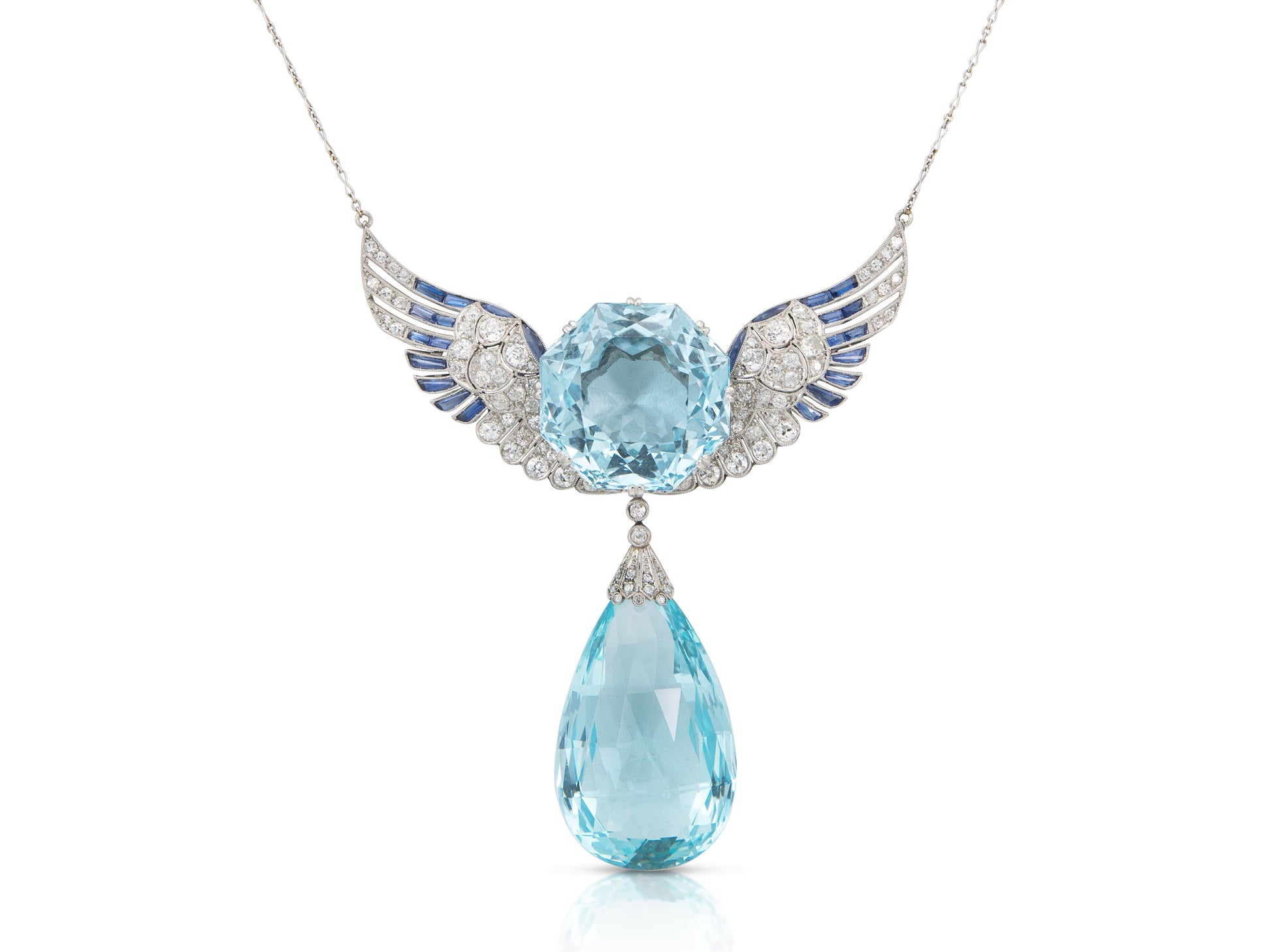 Antique Edwardian 1910s 140.00 Carat Aquamarine Wings Pendant Necklace