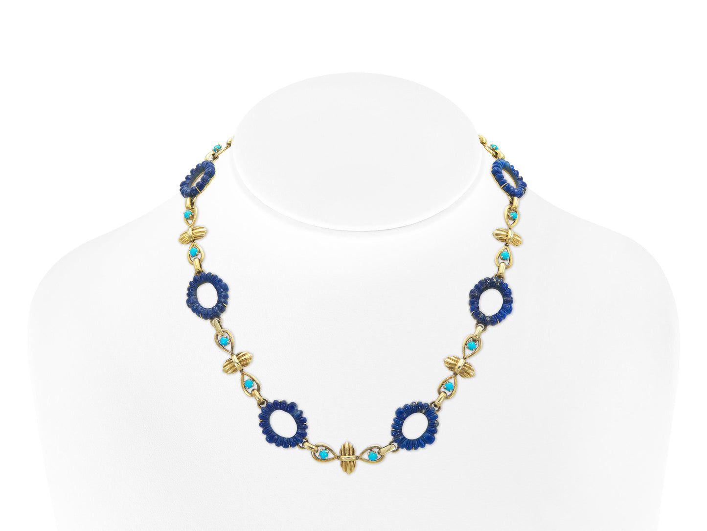 Vintage 1960s Carved Lapis Lazuli & Turquoise Necklace