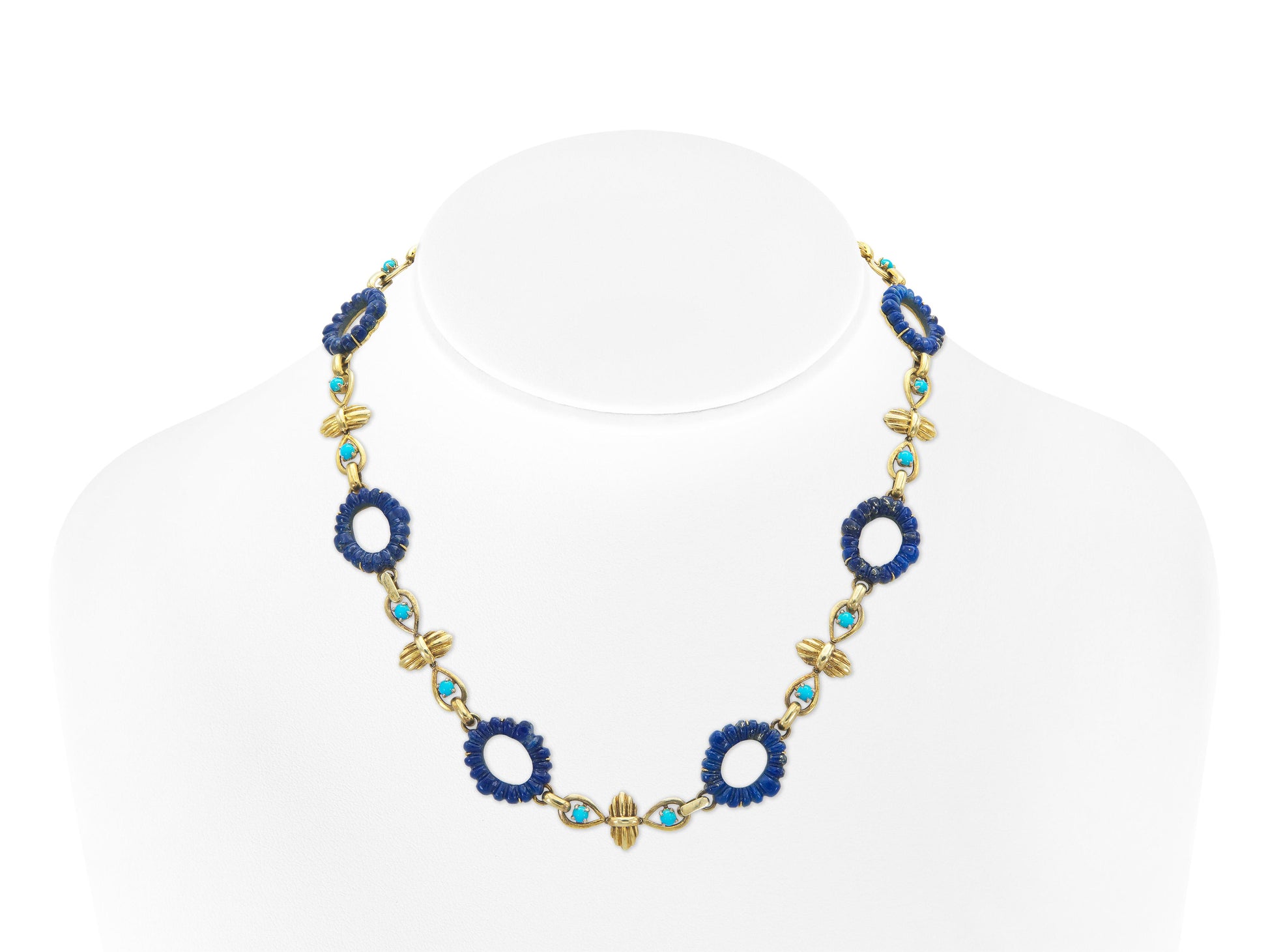 Vintage 1960s Carved Lapis Lazuli & Turquoise Necklace