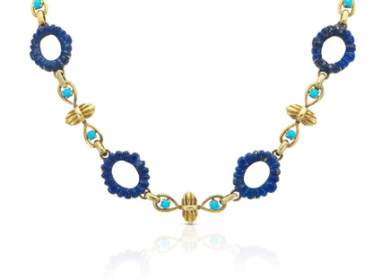 Vintage 1960s Carved Lapis Lazuli & Turquoise Necklace