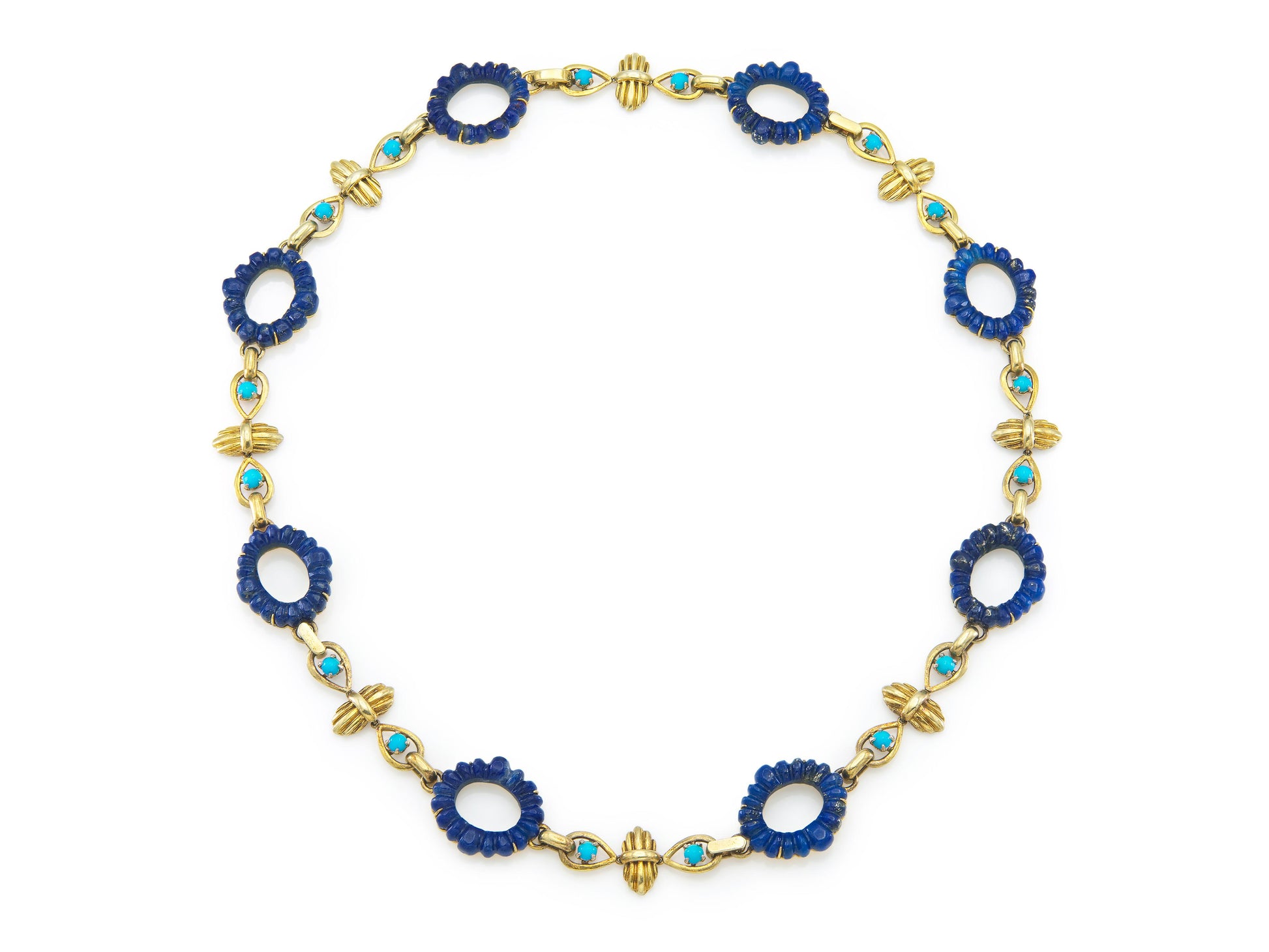 Vintage 1960s Carved Lapis Lazuli & Turquoise Necklace