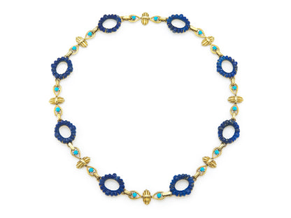 Vintage 1960s Carved Lapis Lazuli & Turquoise Necklace