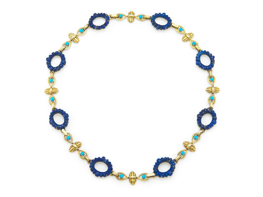 Vintage 1960s Carved Lapis Lazuli & Turquoise Necklace
