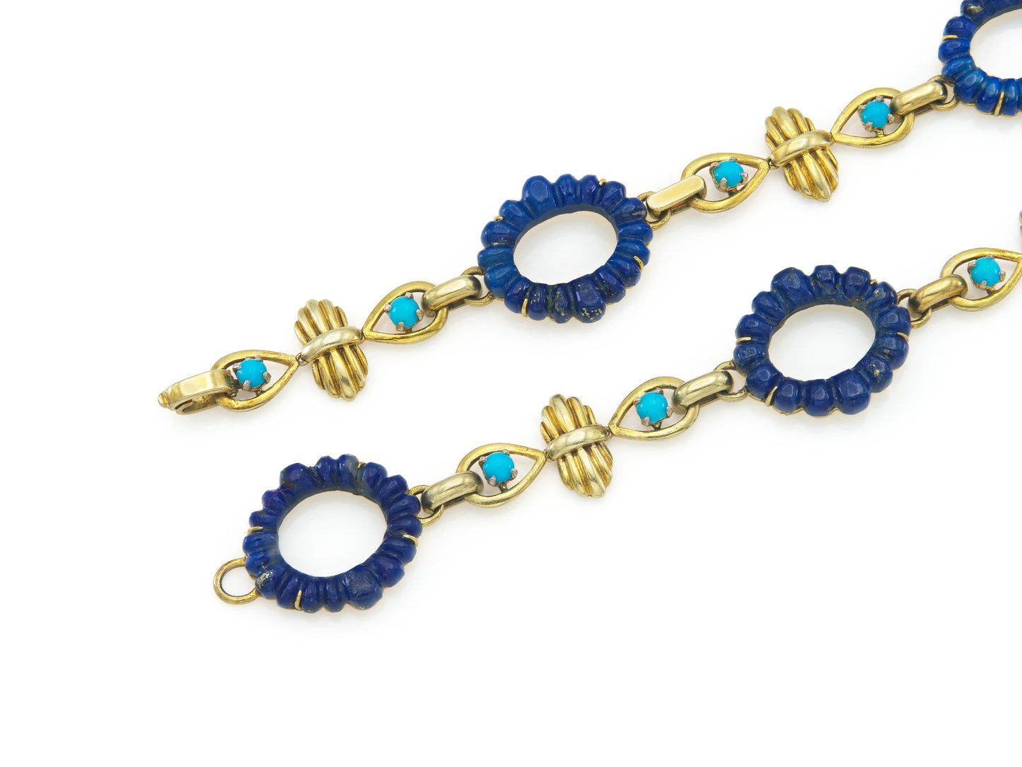 Vintage 1960s Carved Lapis Lazuli & Turquoise Necklace
