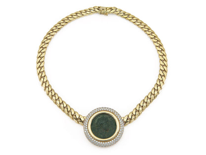 Vintage 1980s Bvlgari Moneta Roman Coin Necklace with Diamonds