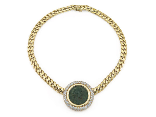 Vintage 1980s Bvlgari Moneta Roman Coin Necklace with Diamonds