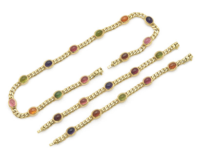 Vintage 1970s Bvlgari Cabochon Multi-Gemstone Station Necklace