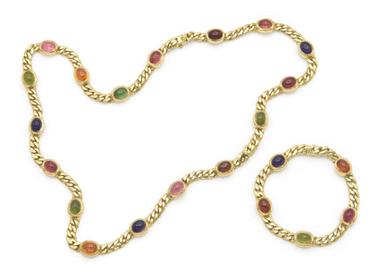Vintage 1970s Bvlgari Cabochon Multi-Gemstone Station Necklace
