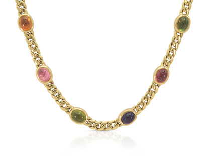 Vintage 1970s Bvlgari Cabochon Multi-Gemstone Station Necklace