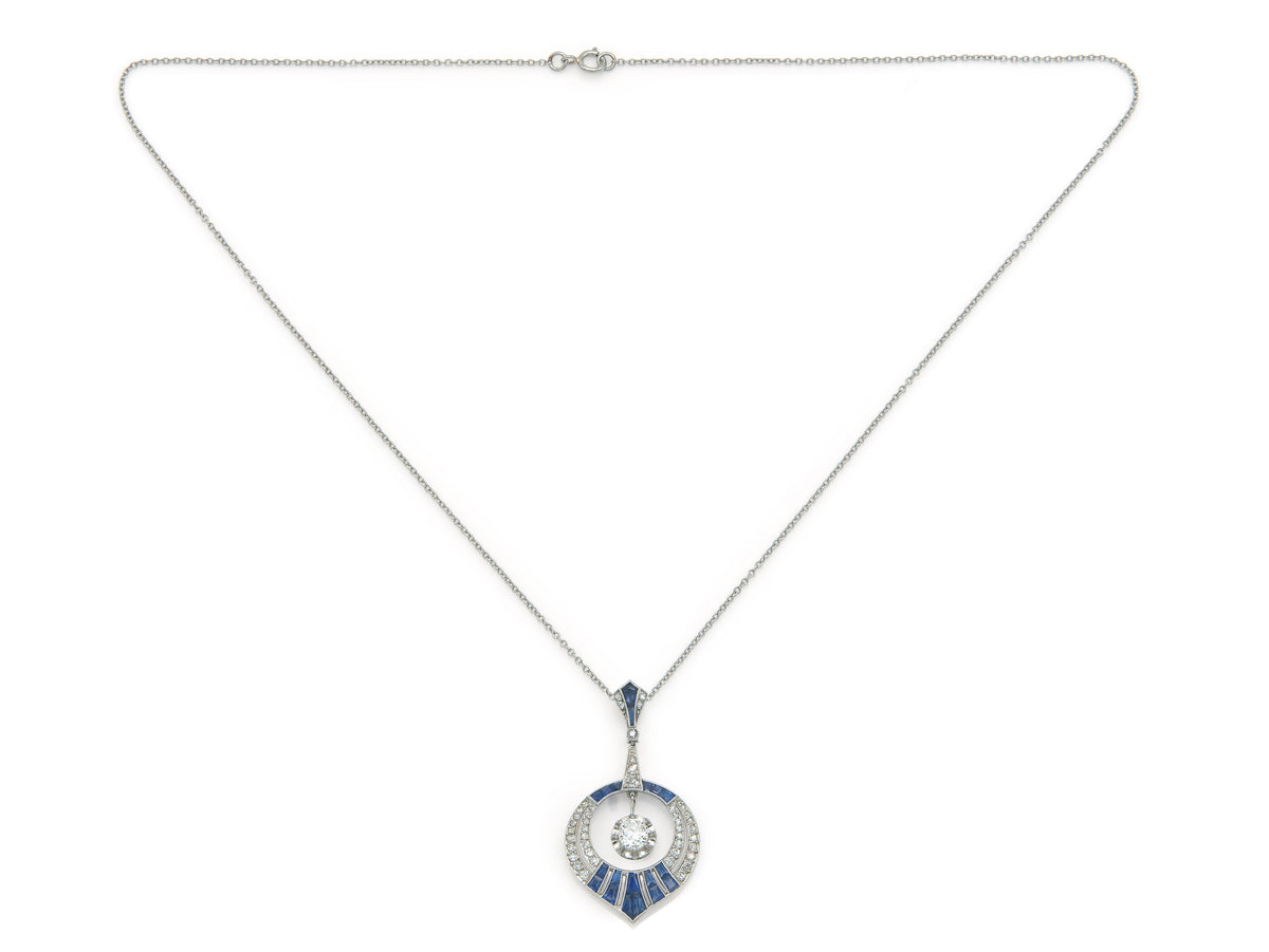 Antique Art Deco 1930s Diamond and Sapphire Pendant Necklace