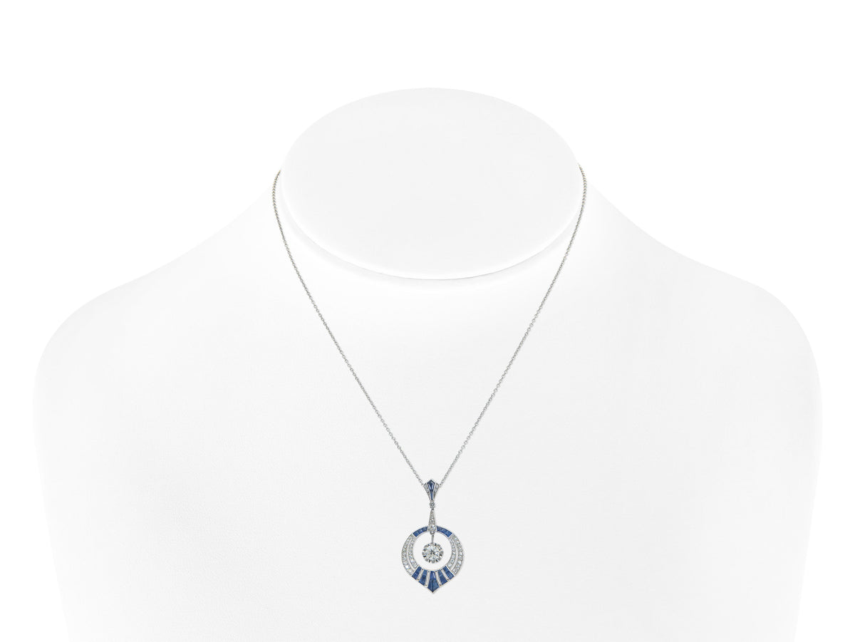 Antique Art Deco 1930s Diamond and Sapphire Pendant Necklace