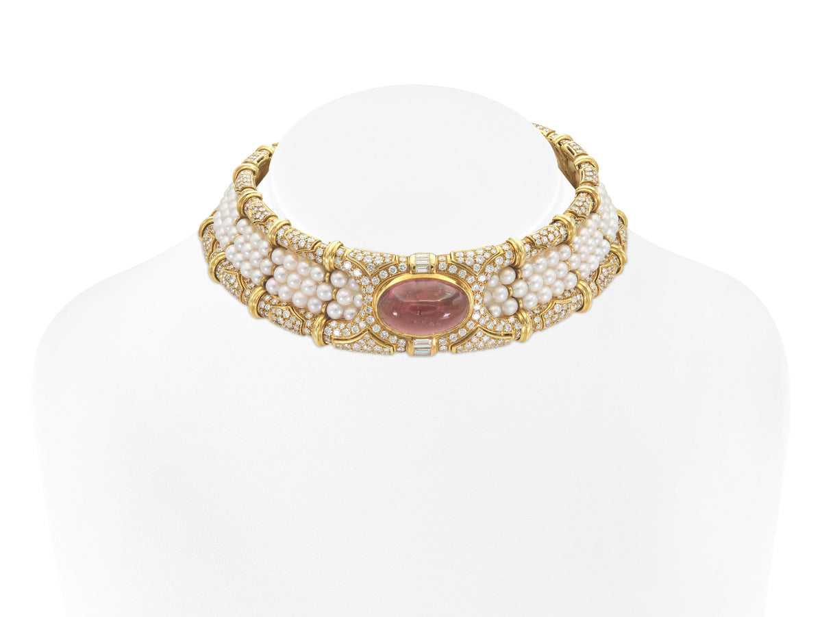50.00 Carat Cabochon Pink Tourmaline and Pearls Chocker Necklace with Diamonds