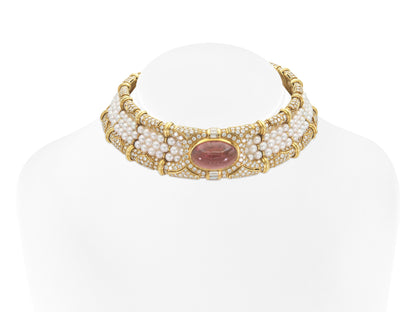 50.00 Carat Cabochon Pink Tourmaline and Pearls Chocker Necklace with Diamonds