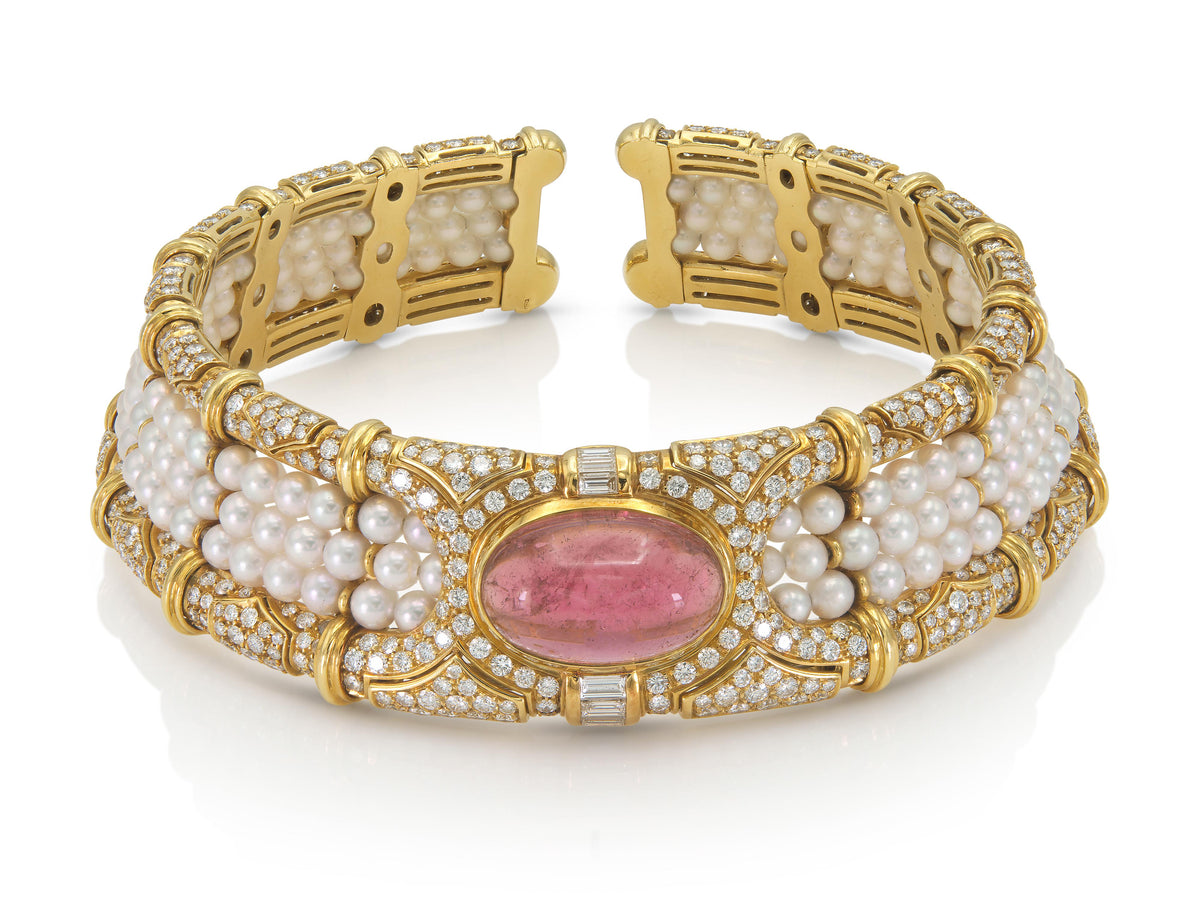 50.00 Carat Cabochon Pink Tourmaline and Pearls Chocker Necklace with Diamonds