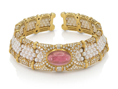50.00 Carat Cabochon Pink Tourmaline and Pearls Chocker Necklace with Diamonds