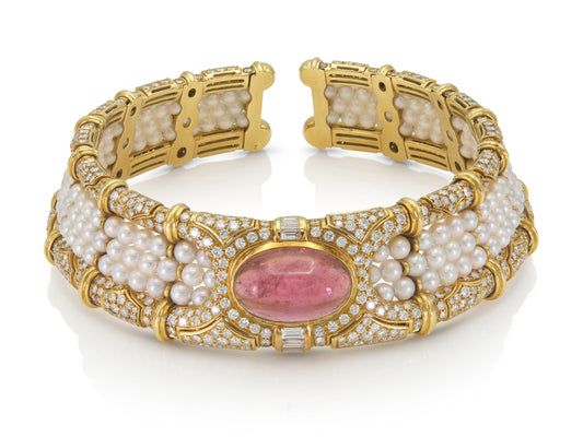 50.00 Carat Cabochon Pink Tourmaline and Pearls Chocker Necklace with Diamonds